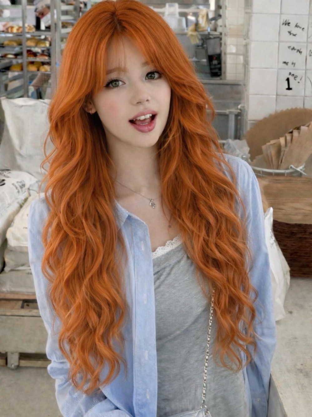 Long lace front human blend Copper-Orange Women's Hair Wig - Natural Shine